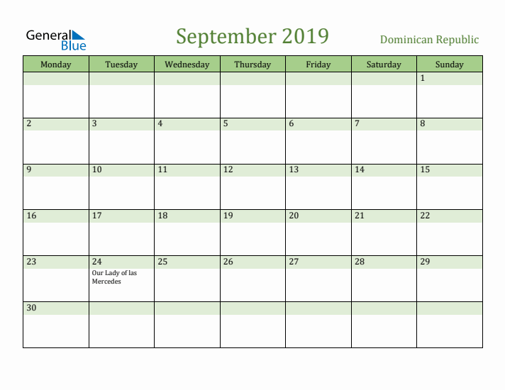 September 2019 Calendar with Dominican Republic Holidays