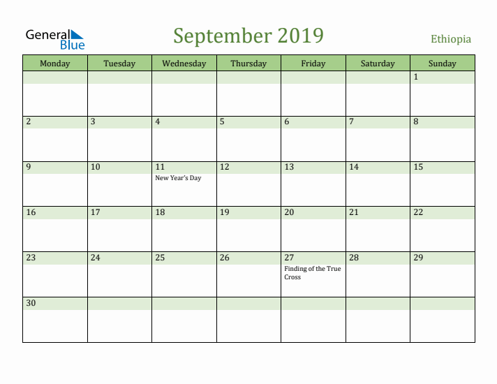 September 2019 Calendar with Ethiopia Holidays