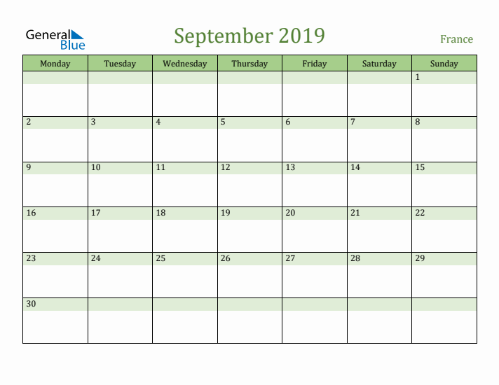 September 2019 Calendar with France Holidays