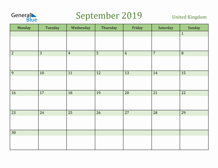 September 2019 Calendar with United Kingdom Holidays