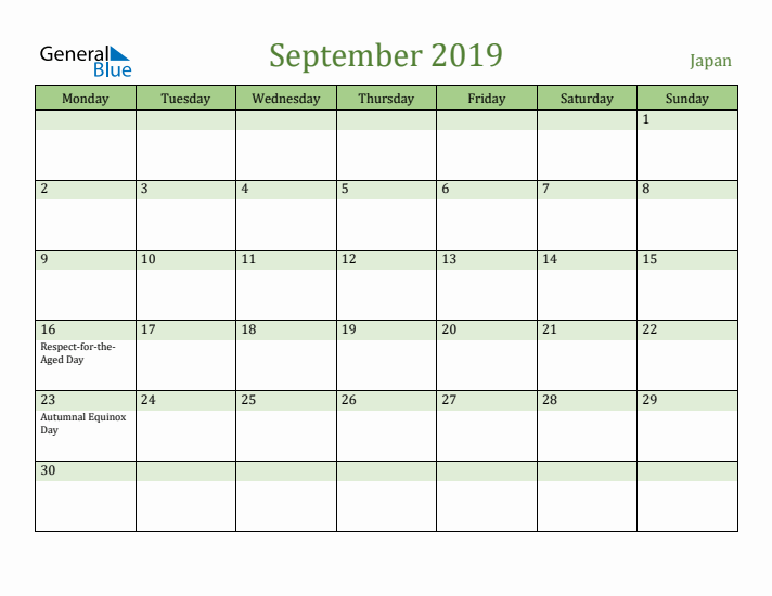 September 2019 Calendar with Japan Holidays