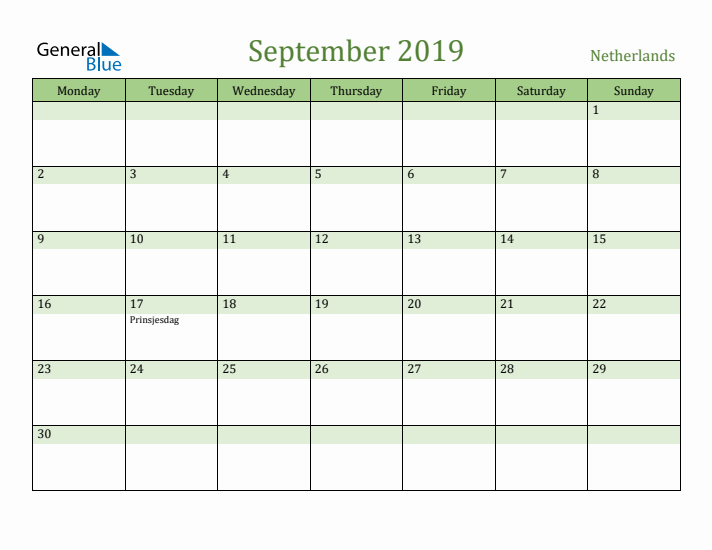 September 2019 Calendar with The Netherlands Holidays