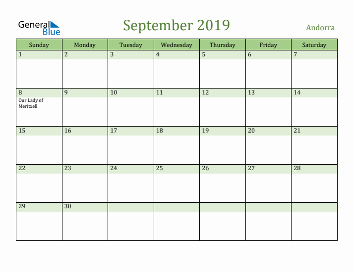 September 2019 Calendar with Andorra Holidays