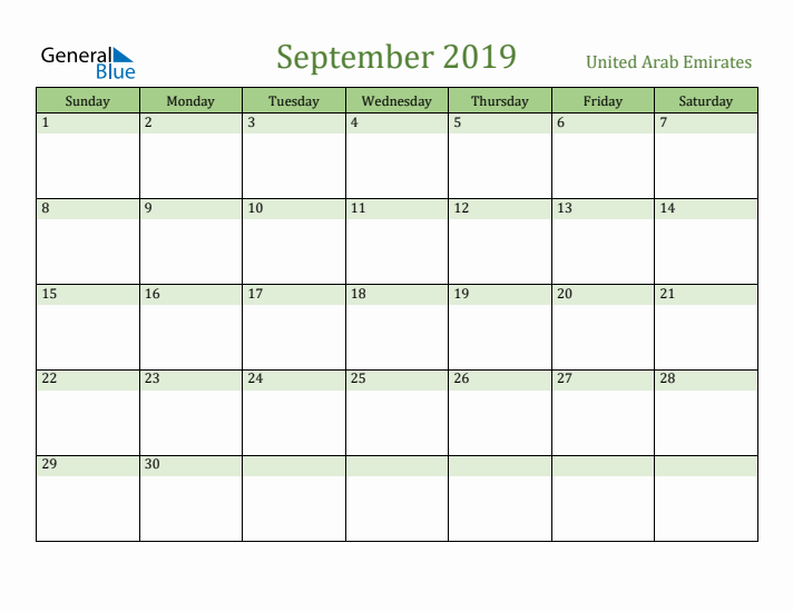 September 2019 Calendar with United Arab Emirates Holidays