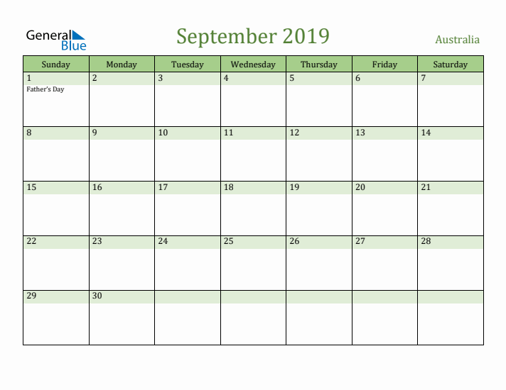 September 2019 Calendar with Australia Holidays