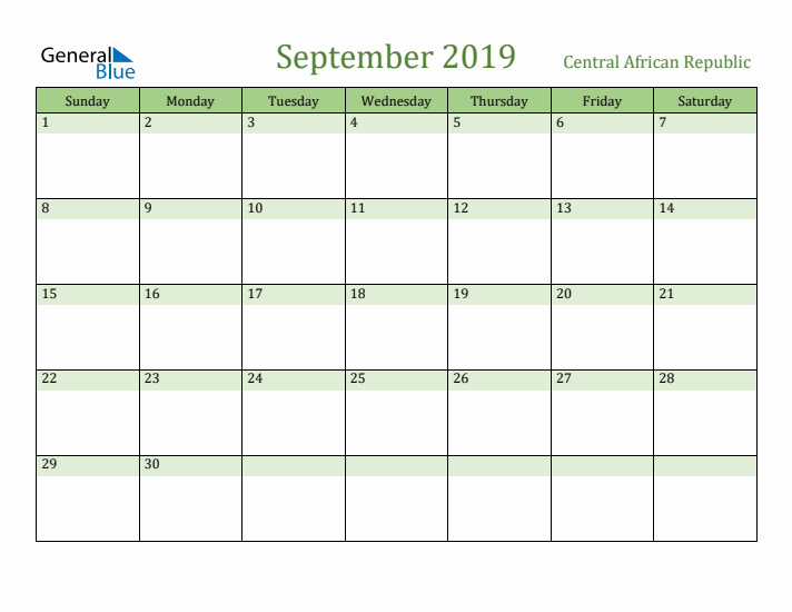 September 2019 Calendar with Central African Republic Holidays