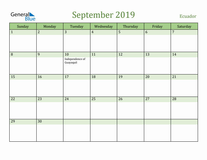 September 2019 Calendar with Ecuador Holidays