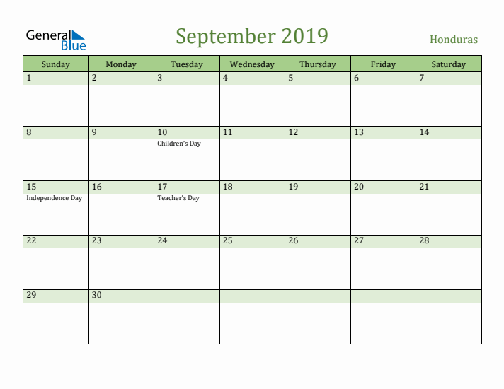 September 2019 Calendar with Honduras Holidays