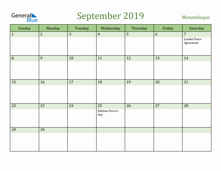 September 2019 Calendar with Mozambique Holidays