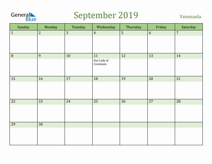 September 2019 Calendar with Venezuela Holidays