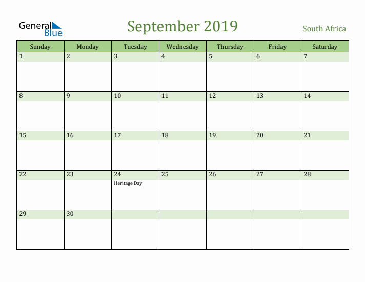 September 2019 Calendar with South Africa Holidays