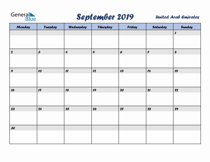 September 2019 Calendar with Holidays in United Arab Emirates