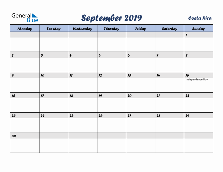 September 2019 Calendar with Holidays in Costa Rica