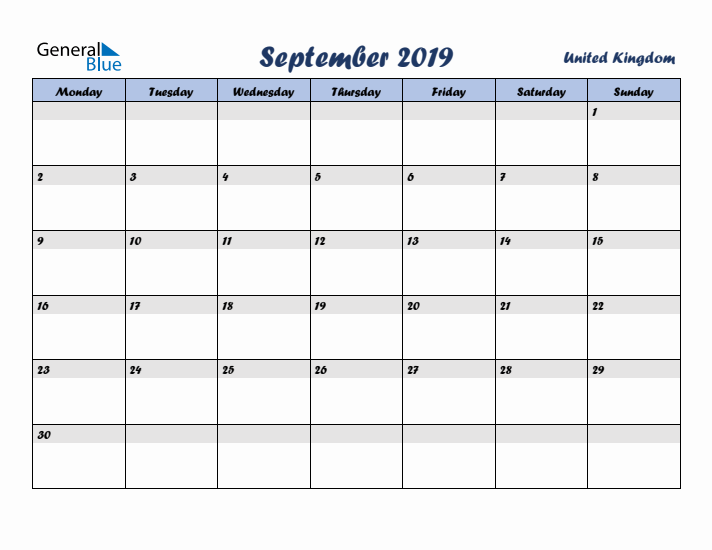 September 2019 Calendar with Holidays in United Kingdom