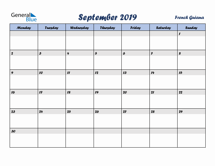 September 2019 Calendar with Holidays in French Guiana