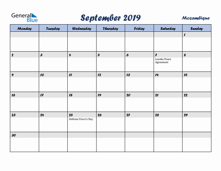 September 2019 Calendar with Holidays in Mozambique