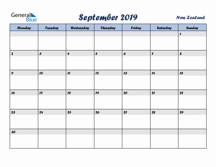 September 2019 Calendar with Holidays in New Zealand