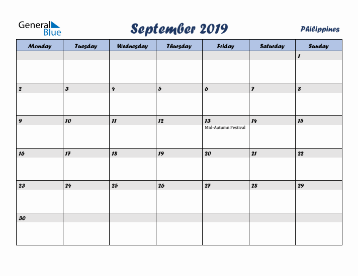 September 2019 Calendar with Holidays in Philippines