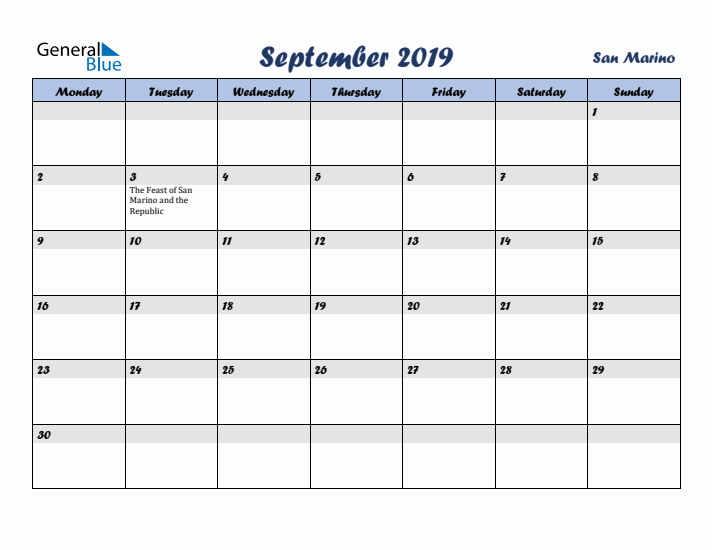 September 2019 Calendar with Holidays in San Marino