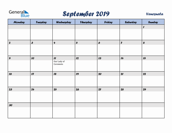 September 2019 Calendar with Holidays in Venezuela