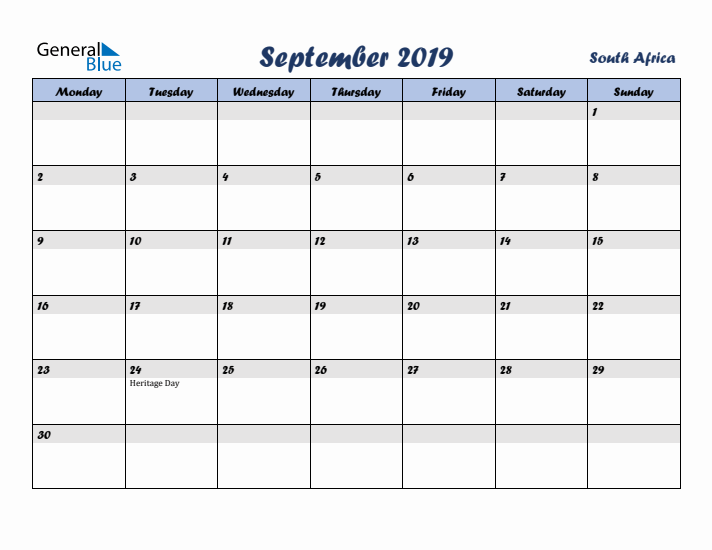 September 2019 Calendar with Holidays in South Africa