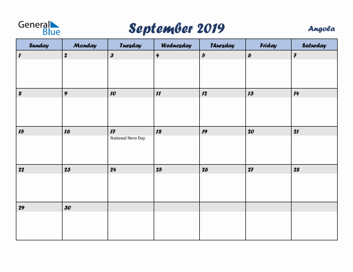 September 2019 Calendar with Holidays in Angola