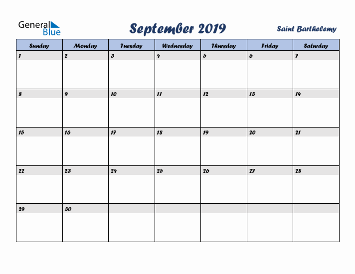 September 2019 Calendar with Holidays in Saint Barthelemy