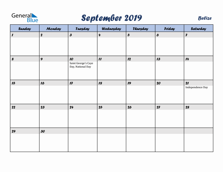 September 2019 Calendar with Holidays in Belize