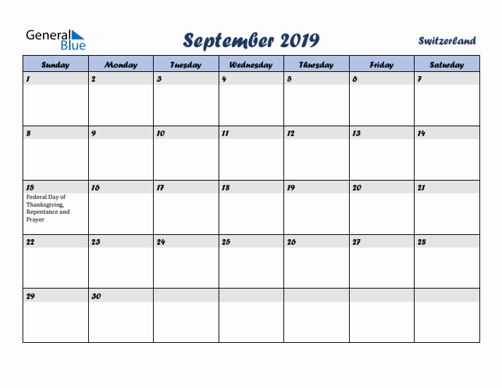 September 2019 Calendar with Holidays in Switzerland