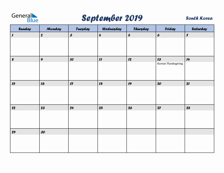 September 2019 Calendar with Holidays in South Korea