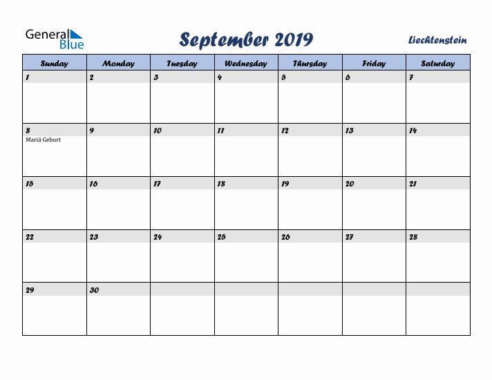 September 2019 Calendar with Holidays in Liechtenstein