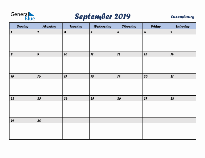 September 2019 Calendar with Holidays in Luxembourg