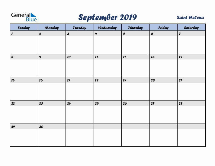 September 2019 Calendar with Holidays in Saint Helena