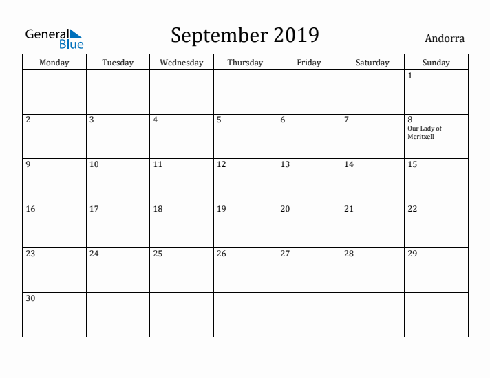 September 2019 Calendar Andorra