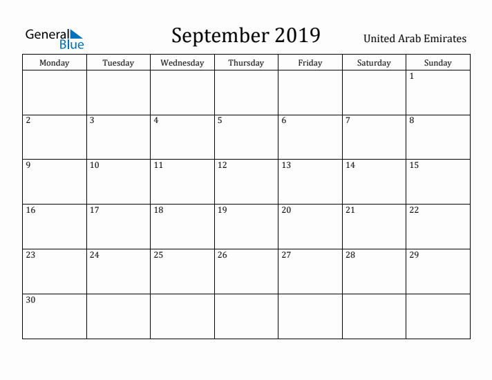 September 2019 Calendar United Arab Emirates