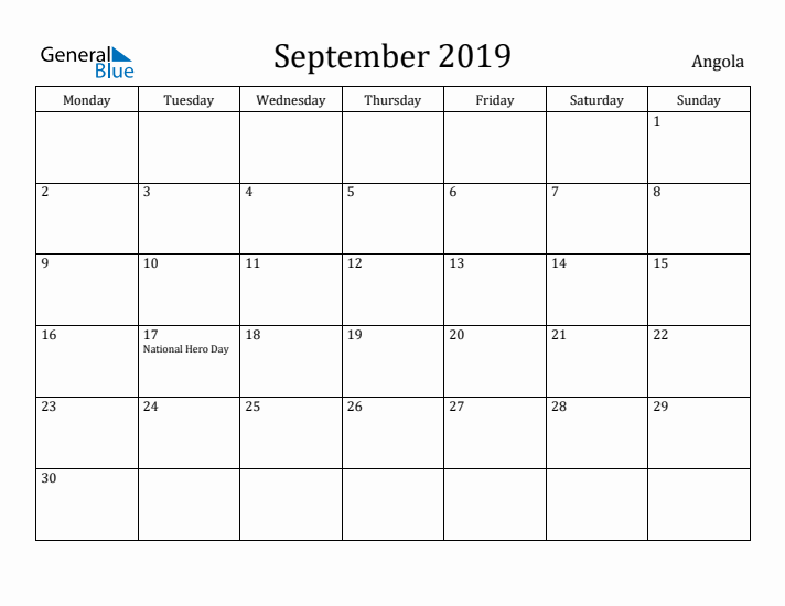 September 2019 Calendar Angola