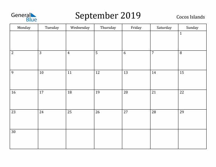 September 2019 Calendar Cocos Islands