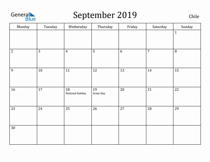 September 2019 Calendar Chile