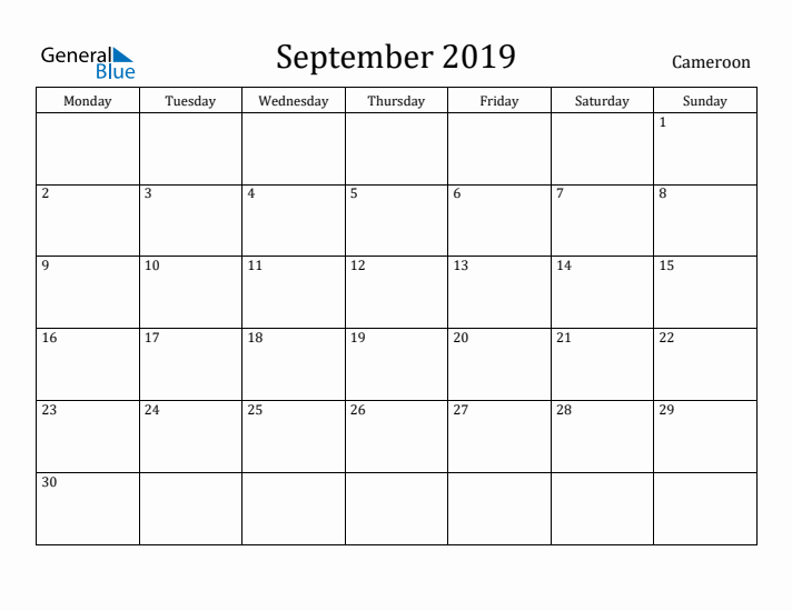 September 2019 Calendar Cameroon