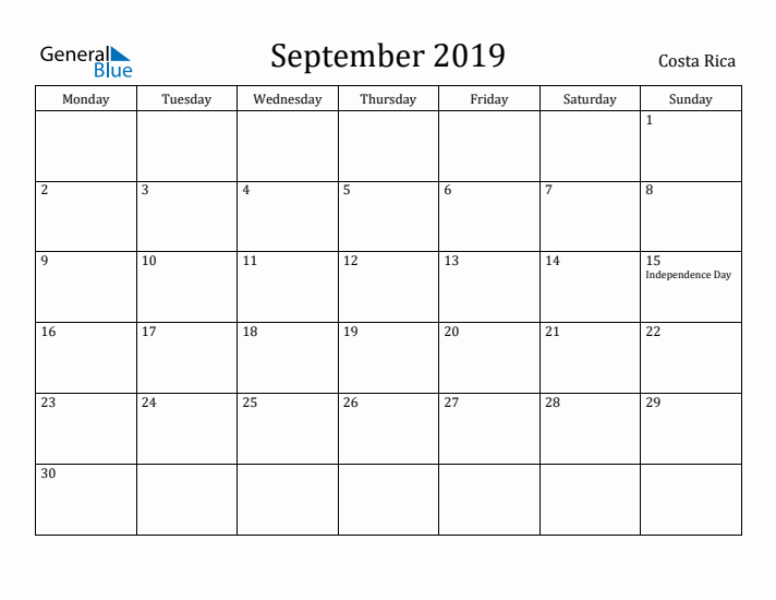 September 2019 Calendar Costa Rica