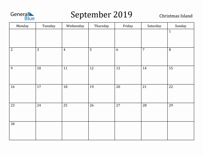 September 2019 Calendar Christmas Island