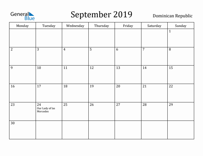 September 2019 Calendar Dominican Republic