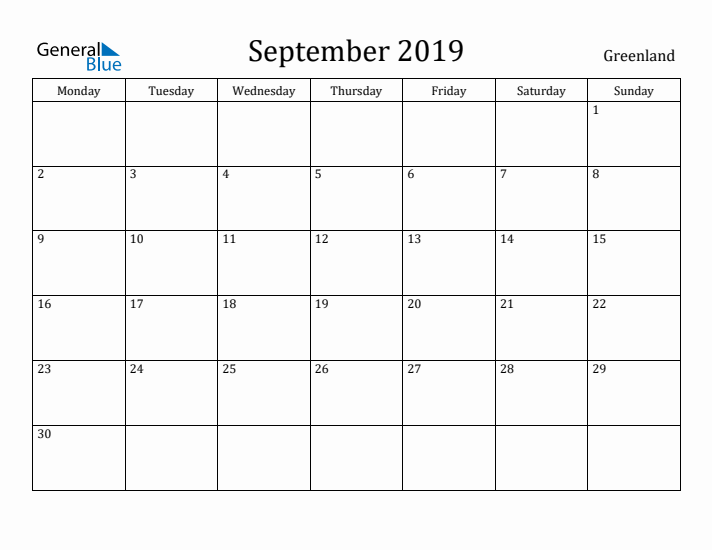 September 2019 Calendar Greenland