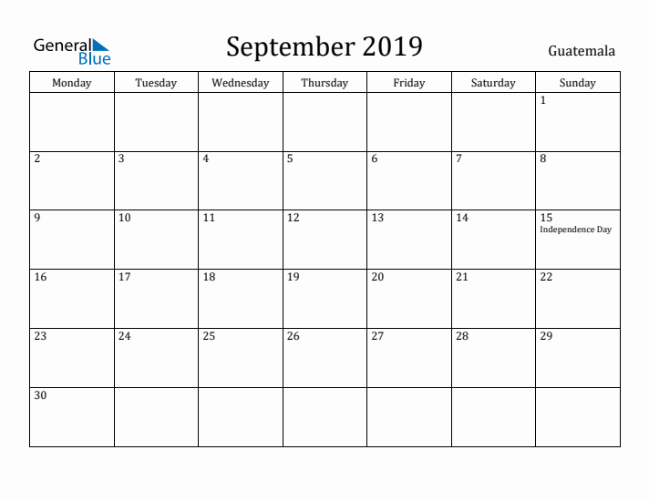 September 2019 Calendar Guatemala