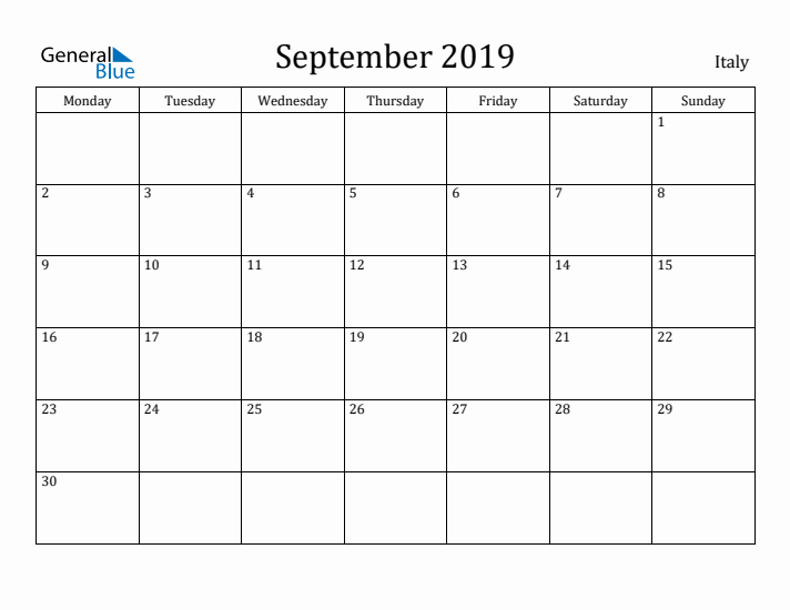 September 2019 Calendar Italy