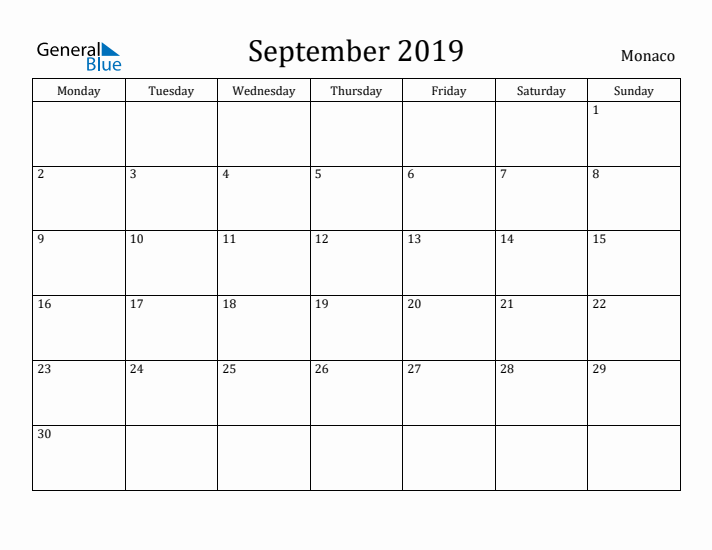 September 2019 Calendar Monaco