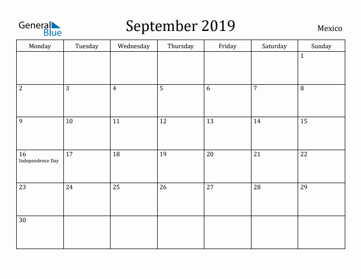 September 2019 Calendar Mexico