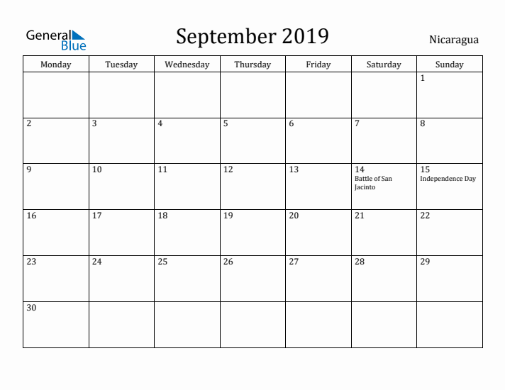 September 2019 Calendar Nicaragua