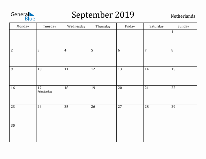 September 2019 Calendar The Netherlands