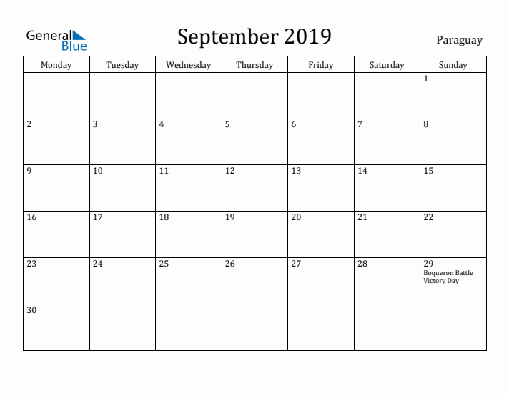 September 2019 Calendar Paraguay